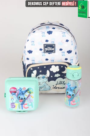 x Dekomus Lisanslı Stitch Little Dreamer Collection Tek Bölmeli Küçük Boy Anaokul Çantası,Beslenme Kabı ve Matara Seti