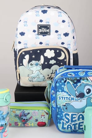 x Dekomus Lisanslı Stitch Little Dreamer Collection Tek Bölmeli Küçük Boy Anaokul,Beslenme ve Kalem Çantası,Beslenme Kabı ve Matara Seti