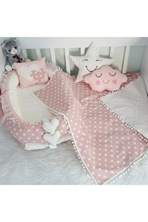 Babynest Yıldızlı 5 Parça Lüx Ortopedik Set Anne Yanı Bebek Yatağı Set Battaniyeli Babynest Set