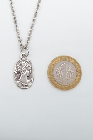 Vintage Cameo Erkek Kadın Kolye Antik Gümüş Kaplama - 60 cm Düz Zincir