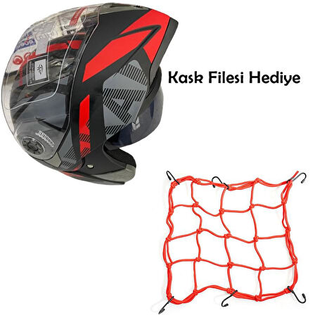 JK20 Çene Açılır Güneş Vizörlü Motosiklet Kaskı Kırmızı XL Beden Baş Çevresi: 61-62CM