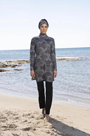 ESTİVA 23903 Siyah Dijital Desenli Tam Boy Lycralı Tesettür Mayo