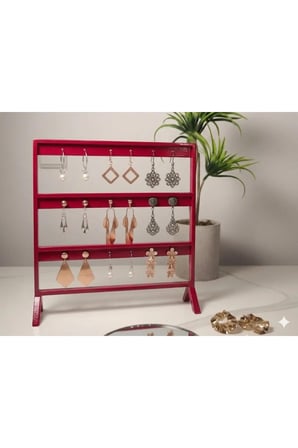 Şık Modern Küpe Standı, Kırmızı Takı Düzenleyici, Takı Standı , Küpe askısı , 3 bölmeli Organizer