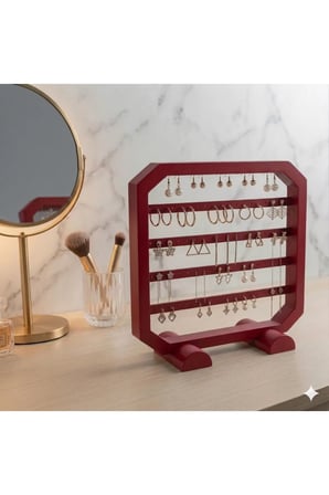 Modern Kırmızı Küpe Standı, Takı Düzenleyici, Takı Standı , Kolye askısı , 4 bölmeli Organizer