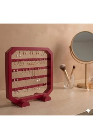 Modern Kırmızı Küpe Standı, Takı Düzenleyici, Takı Standı , Kolye askısı , 4 bölmeli Organizer