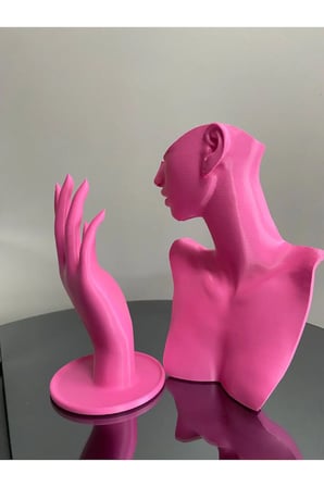 Pembe Renk Dekoratif Takı Mankeni ve El 2'li Set Takı Teşhir Standı 21 ve 18 Cm Takı Organizeri Küpe