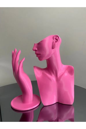 Pembe Renk Dekoratif Takı Mankeni ve El 2'li Set Takı Teşhir Standı 21 ve 18 Cm Takı Organizeri Küpe