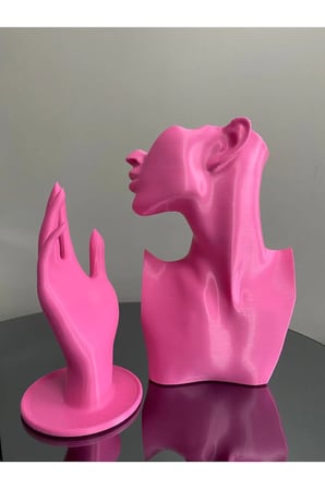 Pembe Renk Dekoratif Takı Mankeni ve El 2'li Set Takı Teşhir Standı 23 ve 18 Cm Takı Organizeri Küpe