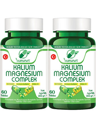 Yurdavit Kalium Magnesium Complex 2x60 Tablet Potasyum Magnezyum Sitrat Malat Bisglisinat Kompleks 