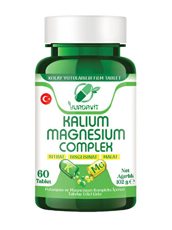 Yurdavit Kalium Magnesium Complex 2x60 Tablet Potasyum Magnezyum Sitrat Malat Bisglisinat Kompleks 