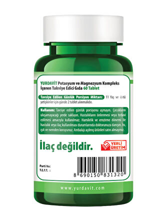 Yurdavit Kalium Magnesium Complex 2x60 Tablet Potasyum Magnezyum Sitrat Malat Bisglisinat Kompleks 