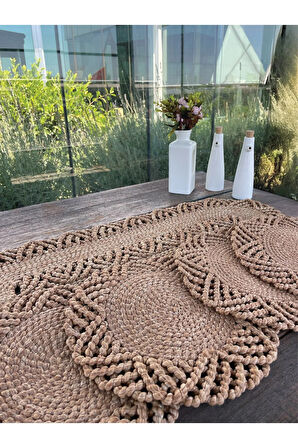 Bohem Stil Doğal İp Hasır Sofra Seti – 4 Kişilik Hasır Görünümlü Amerikan Servis ve Runner Takımı