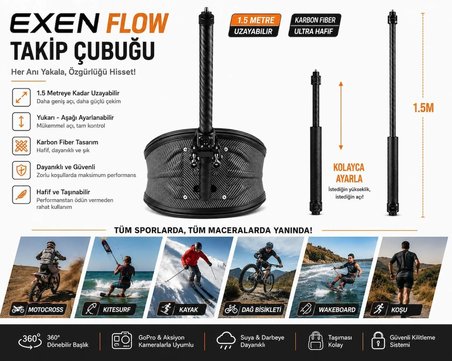 exen flow carbon fiber aksiyon kamera kamera takip kiti 1.5 mt extrem ve su sporları için tasarlanmıştır