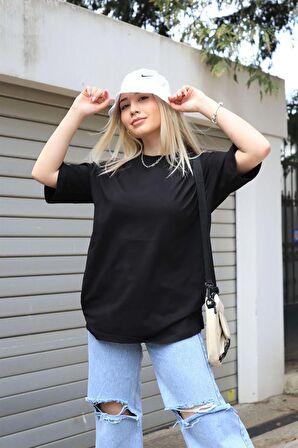 Oversize Düz Basic %100 Pamuk Örme Bisiklet Yaka T-shirt