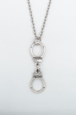Freedom - Özgürlük  Kelepçe Erkek Kadın Kolye Antik Gümüş Kaplama - 60 cm Düz Zincir