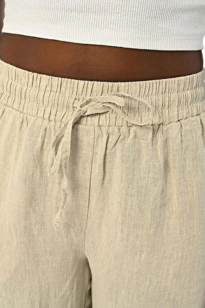 KADIN RAHAT KALIP BOL PAÇA BELİ LASTİKLİ TAŞ İŞLEMELİ NATUR PANTOLON