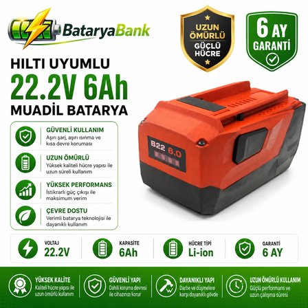 BataryaBank Hilti B22 Uyumlu 22.2V 6Ah Li-ion Muadil Matkap Bataryası