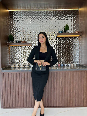 Crop Ceket Cep Detaylı Etek Takım  TKM 08008