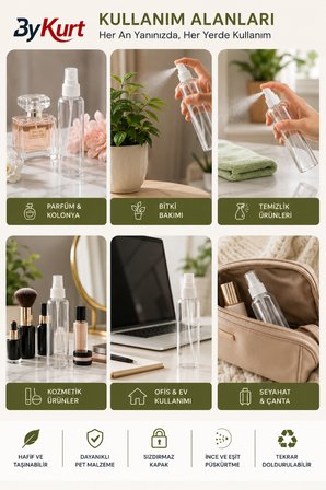 Sprey Şişesi Şeffaf Kozmetik Parfüm Kolonya İçin Spreyli Boş Dolum Şişesi 100 ML
