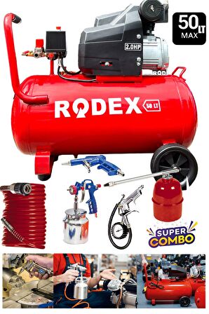 Yüksek Performanslı %100 Bakır Sargılı Orjinal RODEX Serisi 50Lt 2HP Hızlı Dolum Hava Kompresörü 