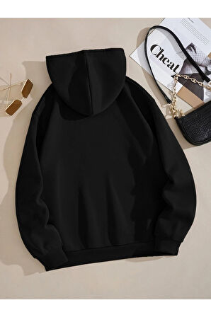Unisex Siyah Düz Renk Kapüşonlu Sweatshirt
