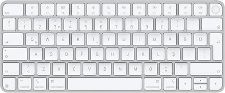 Apple Touch ID özellikli Magic Keyboard: Bluetooth, şarj edilebilir. Apple çipe sahip Mac bilgisayarlarla çalışır; Türkçe F Klavye, Beyaz Tuşlar (USB-C)