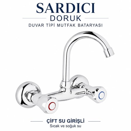 Sardıcı Doruk Krom Duvar Tipi Dik Borulu Mutfak Evye Bataryası Çift Su Girişli Dirsek Rozet Dahil
