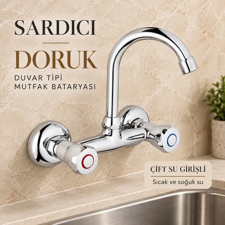 Sardıcı Doruk Krom Duvar Tipi Dik Borulu Mutfak Evye Bataryası Çift Su Girişli Dirsek Rozet Dahil