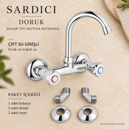 Sardıcı Doruk Krom Duvar Tipi Dik Borulu Mutfak Evye Bataryası Çift Su Girişli Dirsek Rozet Dahil