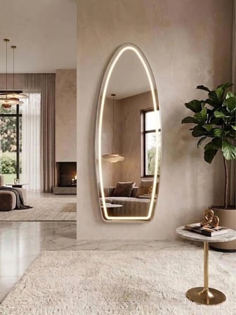 KROM METAL ÇERÇEVELİ OVAL LEDLİ DİMMERLİ AYAKLI boy aynası