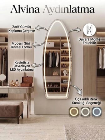 KROM METAL ÇERÇEVELİ OVAL LEDLİ DİMMERLİ AYAKLI boy aynası