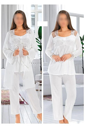 Lohusa Hamile 3 Parça Sabahlıklı Ekru Pijama Takımı ROZ.10.EL.02.T