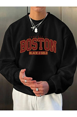 Erkek Siyah Boston Baskılı Oversize Sweatshirt