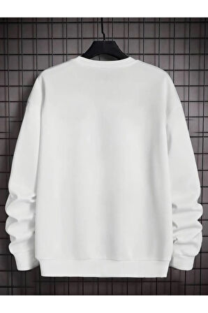 Erkek Beyaz Boston Baskılı Oversize Sweatshirt