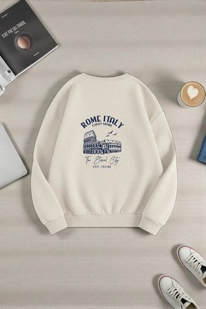 Unisex Rome Itally Tasarım Baskılı Bisiklet Yaka Sweatshirt