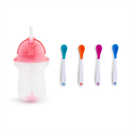 Munchkin Tıklama Kilitli Uçlu Pipetli Alıştırma Bardağı, 12ay+, 296ml, Pembe ve Isı Göstergeli Yumuşak Uçlu Bebek Kaşıkları 2li Set