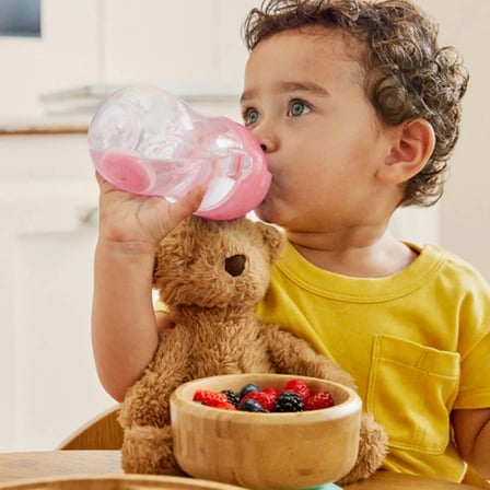Munchkin Tıklama Kilitli Uçlu Pipetli Alıştırma Bardağı, 12ay+, 296ml, Pembe ve Isı Göstergeli Yumuşak Uçlu Bebek Kaşıkları 2li Set