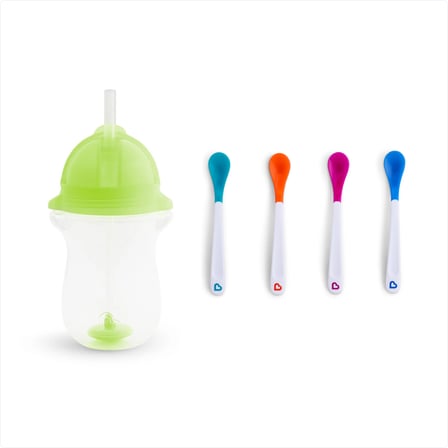 Munchkin Tıklama Kilitli Uçlu Pipetli Alıştırma Bardağı, 12ay+, 296ml, Yeşil ve Isı Göstergeli Yumuşak Uçlu Bebek Kaşıkları 2li Set