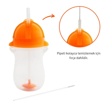 Munchkin Tıklama Kilitli Uçlu Pipetli Alıştırma Bardağı, 12ay+, 296ml, Turuncu ve Isı Göstergeli Yumuşak Uçlu Bebek Kaşıkları 2li Set
