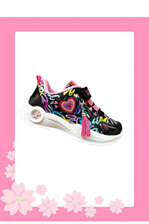 Kız Çocuk Cırt Cırtlı Kalp Baskılı  Kaymaz Taban Günlük Spor Ayakkabı Okul Ayakkabısı Siyah