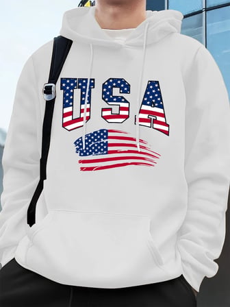 Abd Amerika Bayrağı Baskı Erkek Tişörtü Kış Polar Sıcak Kapüşonlular Temelleri Büyük Boy Cep