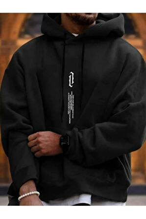 Erkek Siyah Dikey Baskılı Oversize Sweatshirt