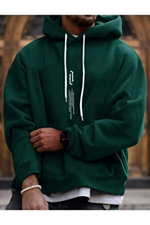 Erkek Yeşil Oversize Kapüşonlu Dikey Baskılı Sweatshirt