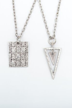 2'li Trend Desenli Levha - Sallantılı Üçgen Erkek Kadın Kolye Seti 925 Ayar Gümüş Kaplama