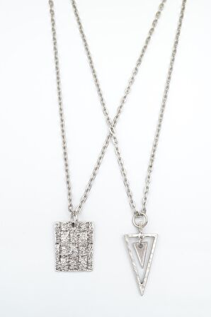 2'li Trend Desenli Levha - Sallantılı Üçgen Erkek Kadın Kolye Seti 925 Ayar Gümüş Kaplama