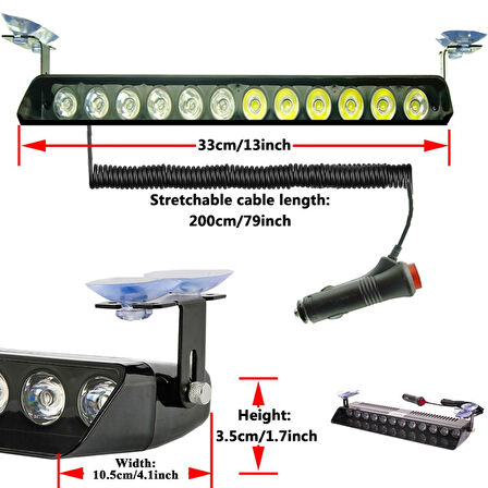 S12 Kumandalı Cam İçi Vantuzlu Polis Çakar Lamba İkaz Lambası 12 Ledli 14 Farklı Mod Kablosuz Kırmızı Mavi Çakmaklık Girişli