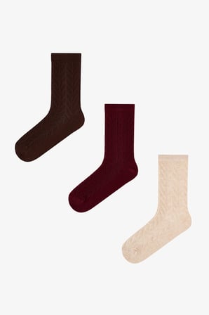 Bordo Bej Braided Colosio Ajur Desenli Pamuklu 3 Çift Soket Çorap