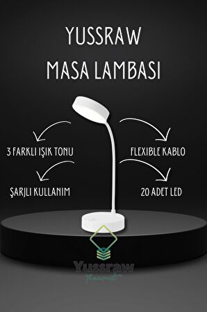 Şarjlı Dokunmatik 20 Led Çalışma Okuma Işığı Flexible Masa Lambası Beyaz