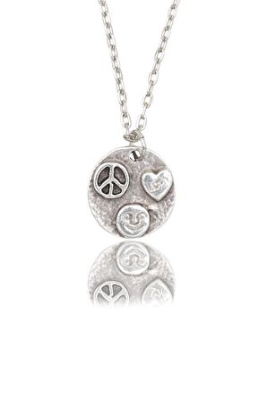 Peace - Kalp - Smile Erkek Kadın Kolye Antik Gümüş Kaplama - 60 cm Düz Zincir