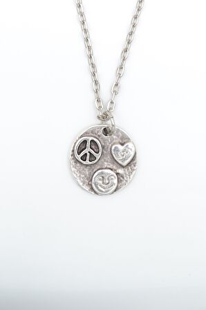 Peace - Kalp - Smile Erkek Kadın Kolye Antik Gümüş Kaplama - 60 cm Düz Zincir